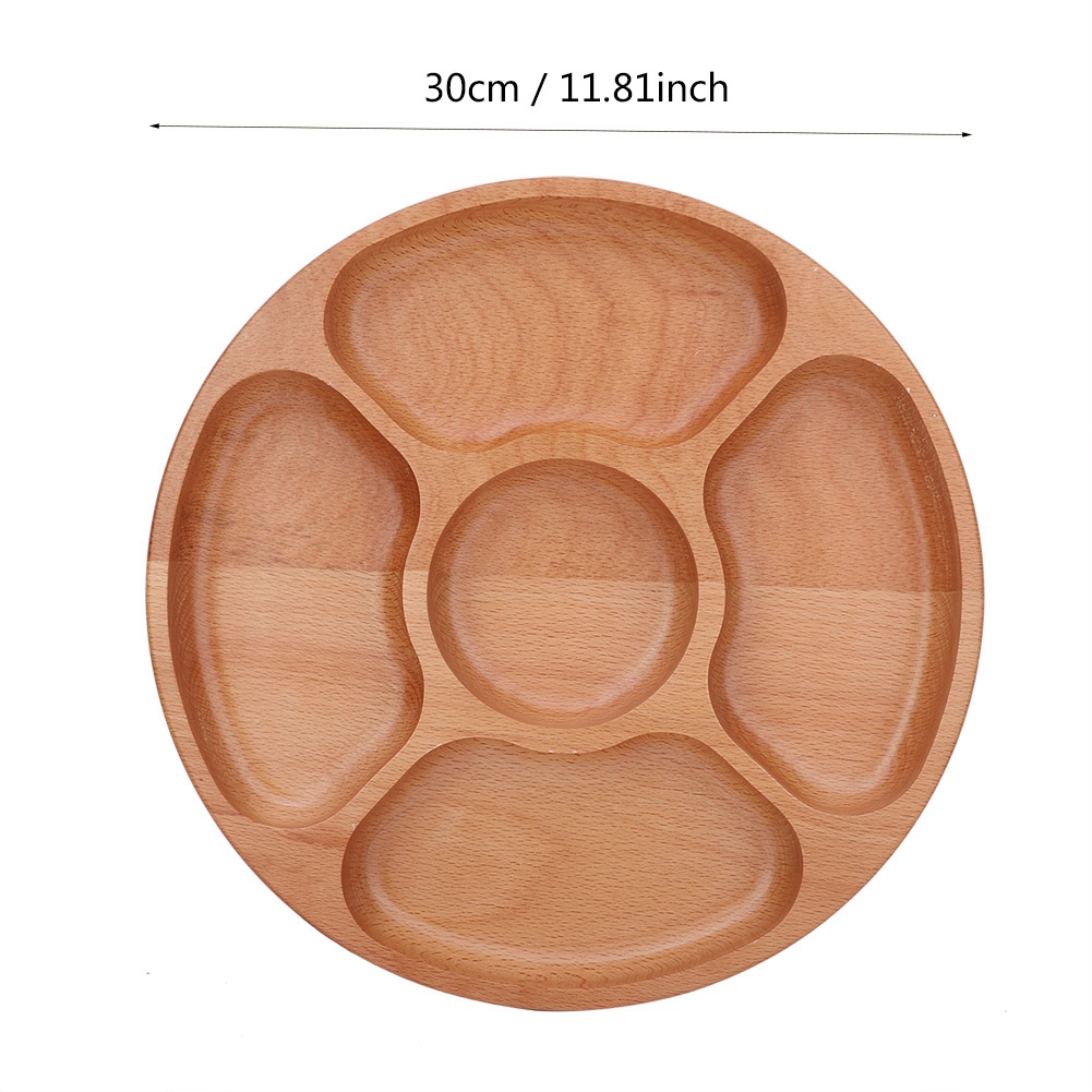 Wooden Round Shape Food Divided Plate Dessert Snack Sub-grid Dish Tableware Tray