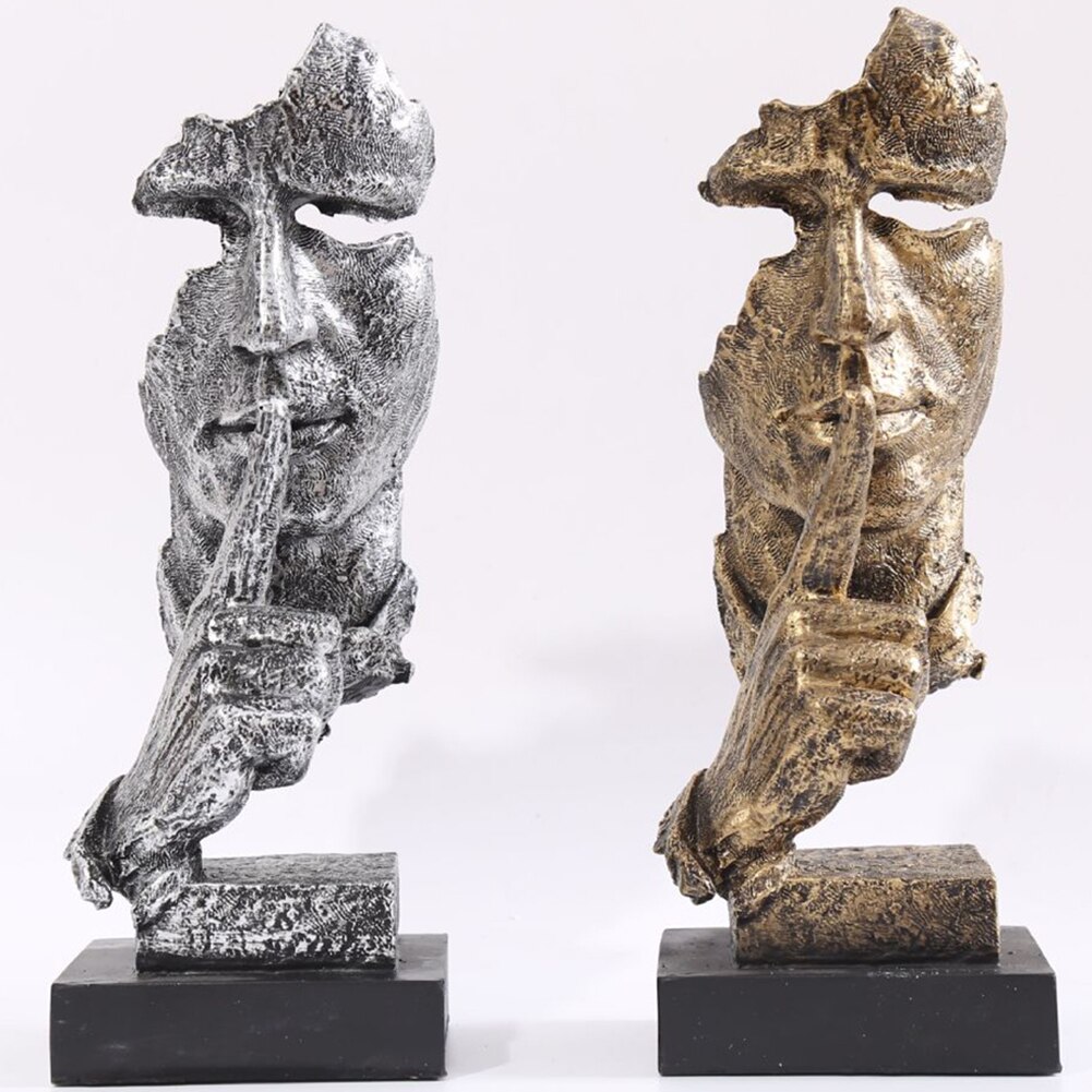 Resin Figurines Silence Is Gold Sculpture Statuette Figurine Craft Office Home Decoration Abstract Craft Modern Art Decoration