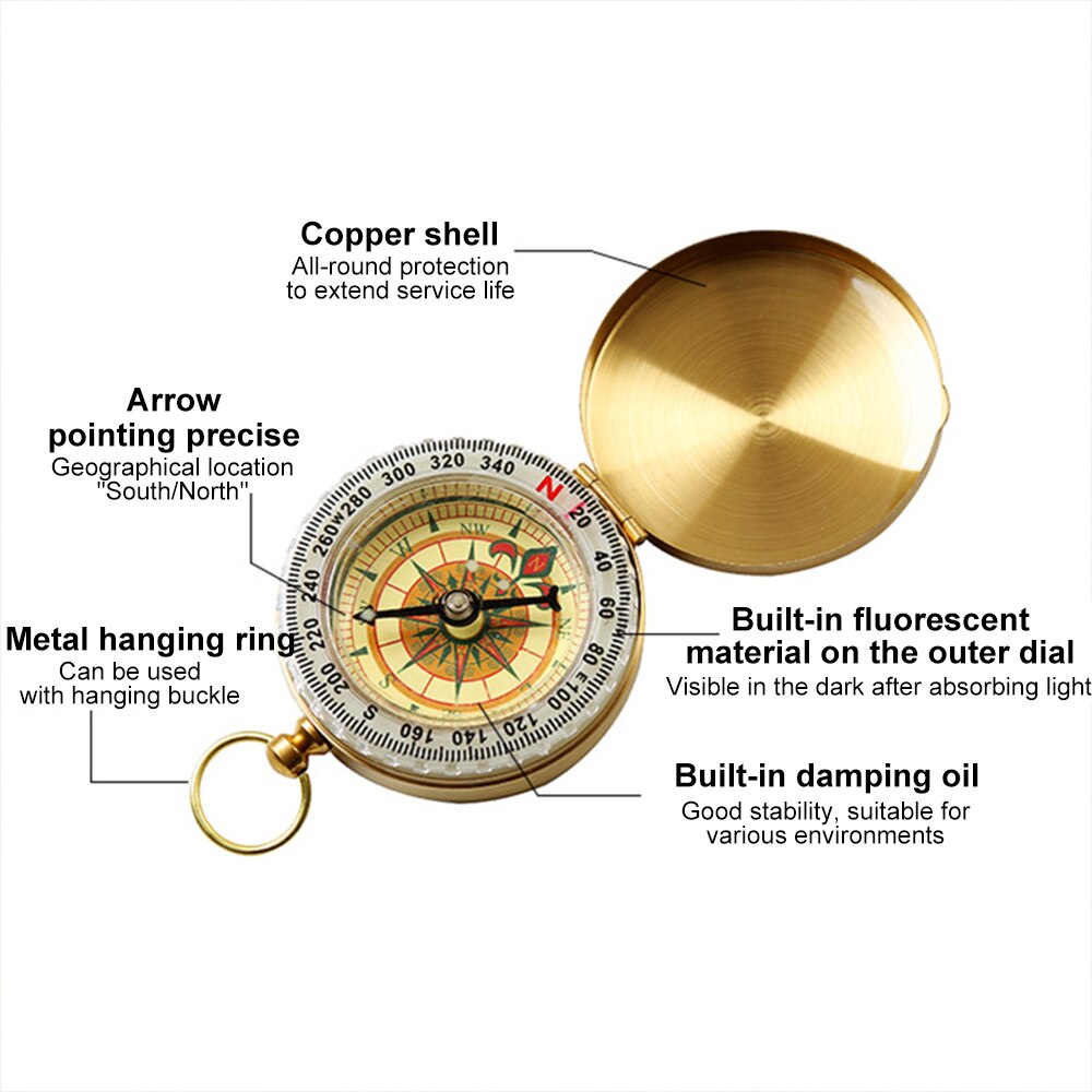 Waterproof Camping Compass Keychain Portable Hiking Pocket Brass Compass With Luminous Climbing Hiking Measuring Tool