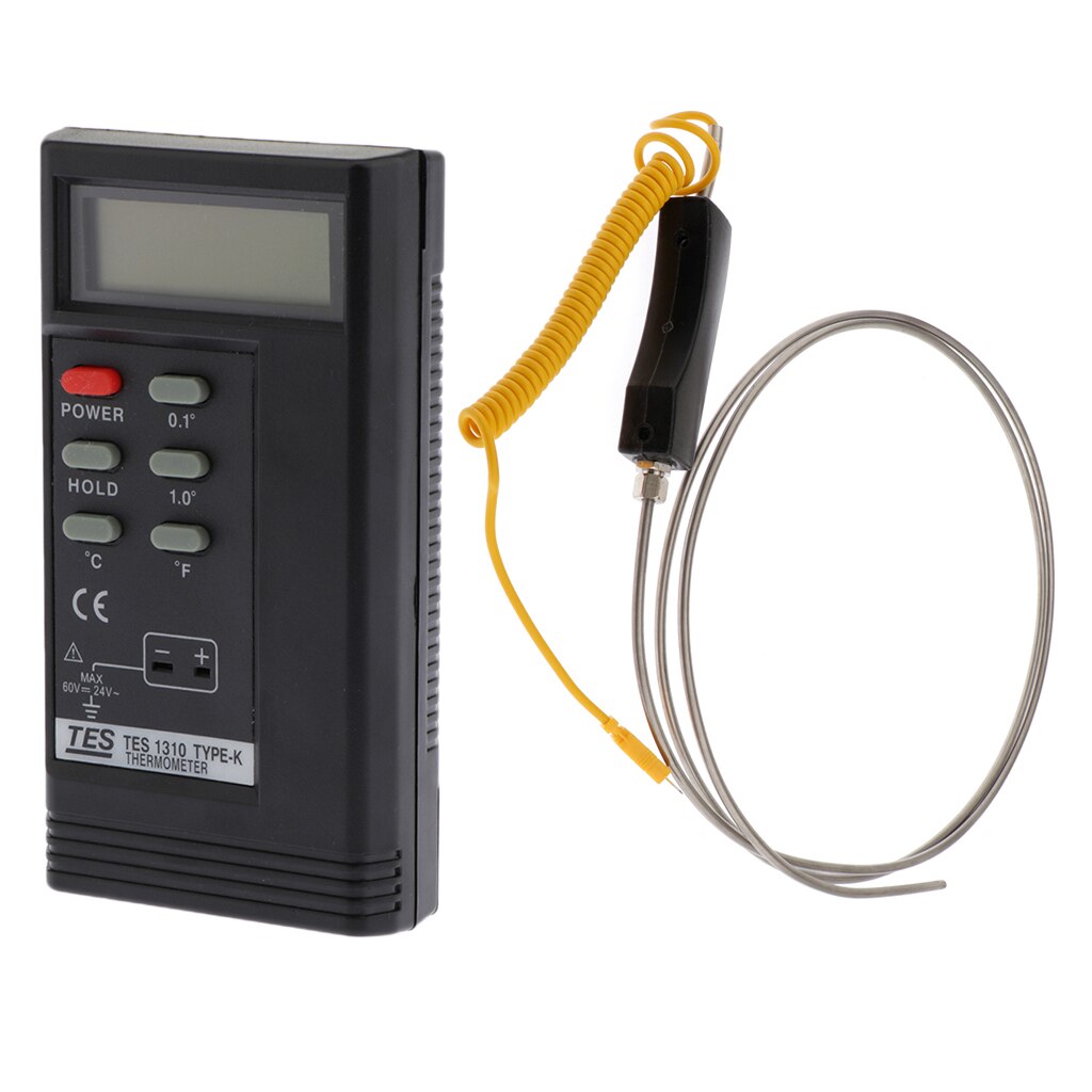 Tes1310 Digital Thermometer + K-Type Thermocouple Temperature Probe, Stainless Steel Probe In Temperature Range 0-1300 5x2000mm