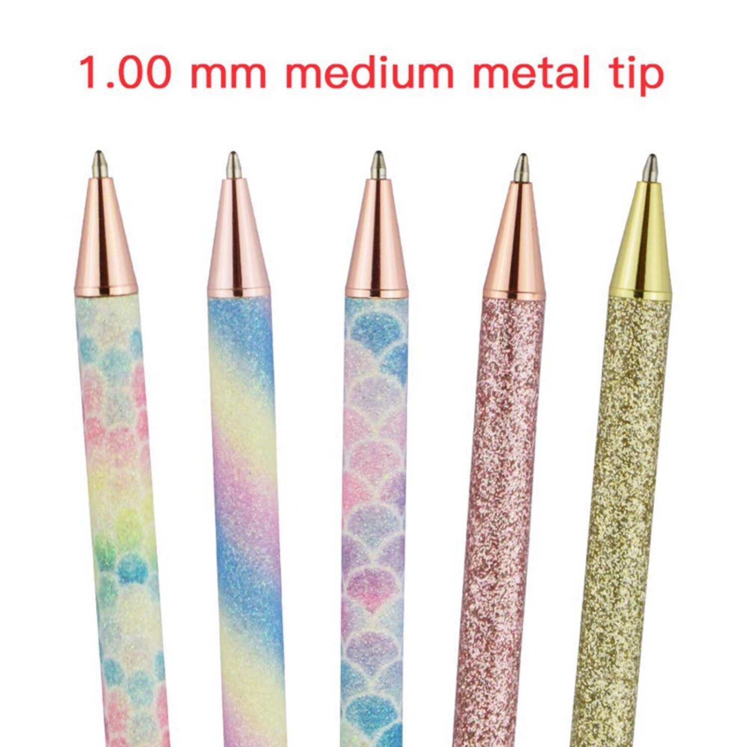 5 stuks intrekbare pennen, zwarte inkt, medium punt,  (1.0mm)  stuks roségoud & 100 stuks punaises, transparant plastic