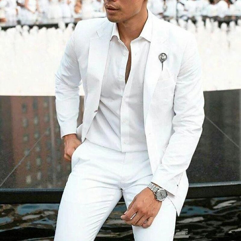 2022 sommer hvit lin brudgommen smoking dresser til bryllup 2 deler herre blazer kostyme homme slim fit jakke+bukser