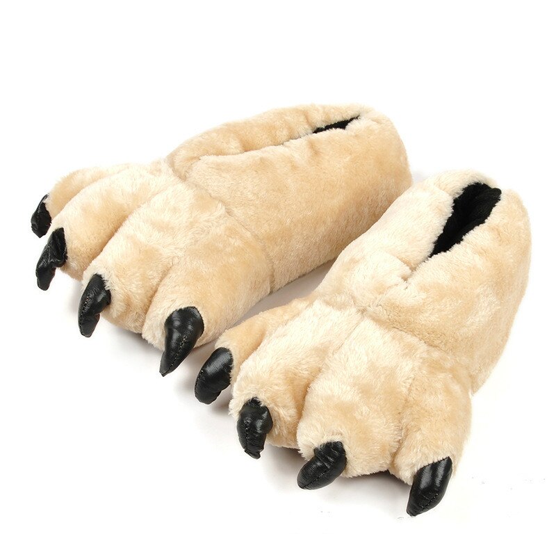 Tegneserie dyr tiger leopard efterår vinter klo pote plys hjemmesko vinter kvinder mænd indendørs sko hjemme gulv tøfler: Beige hvid
