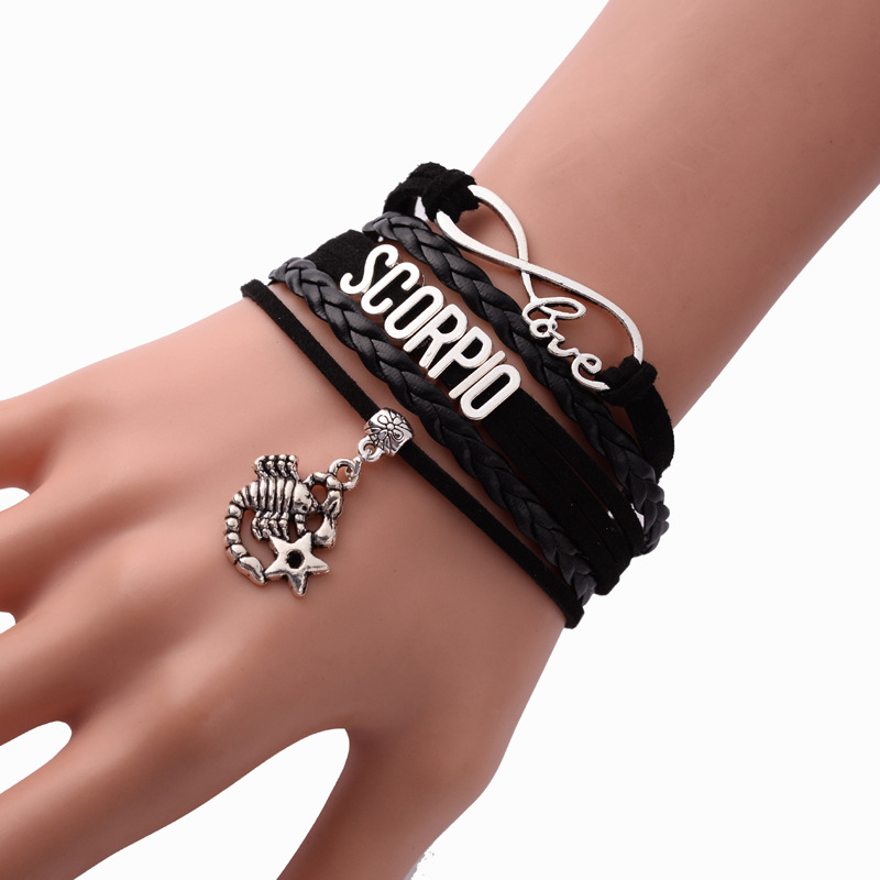 12 znak konstelacji zodiaku punk czarny guzik plecione skórzane bransoletki dla kobiet mężczyzn Leo Virgo Libra biżuteria знаки задиака: L