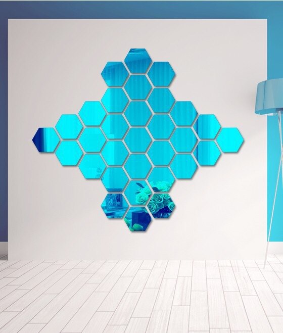 3d vægspejle geometrisk sekskantet spejl vægmærkat klistermærke forstør stue aftagelig sikkerhed diy kunst ornamenter boligindretning: Blå / S 80 x 70 x 40mm