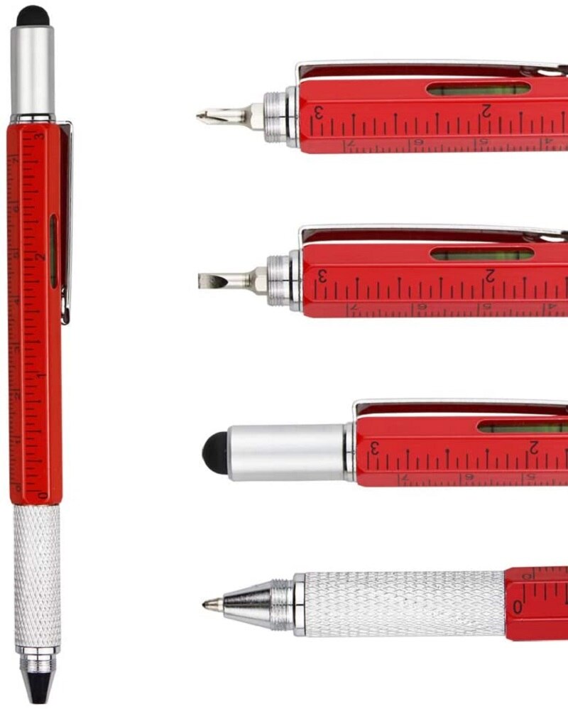 Multi Tool Pen 6 In 1 Metal Tech Pen With Ruler Level Screwdriver Condenser Tip Refillable Bubble Level and Ruler Ballpoint pen: Red