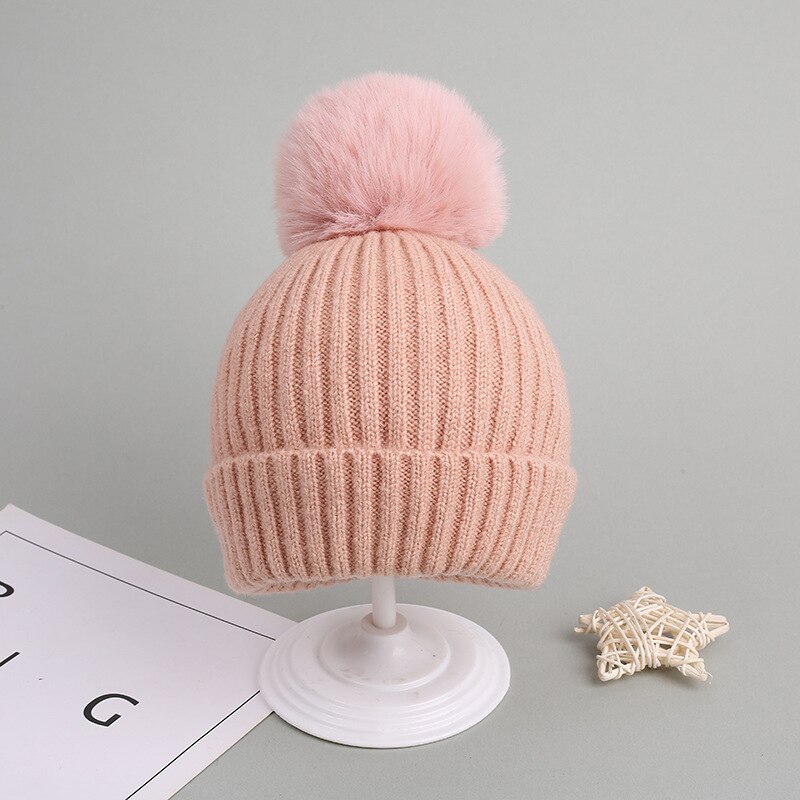 Bonnet tricoté épais et pour enfant, chapeau à pompon, couleur unie, accessoires pour fille et garçon, automne et hiver: Pink