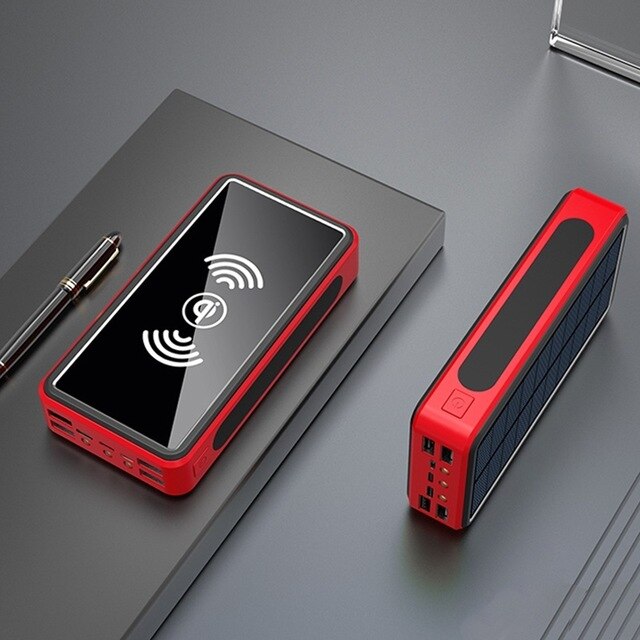 80000mAh Wireless Solar Power Bank External Battery Charger Pack For Xiaomi Samsung IPhone Solar Charger 4 USB Three Lighting: wireless red