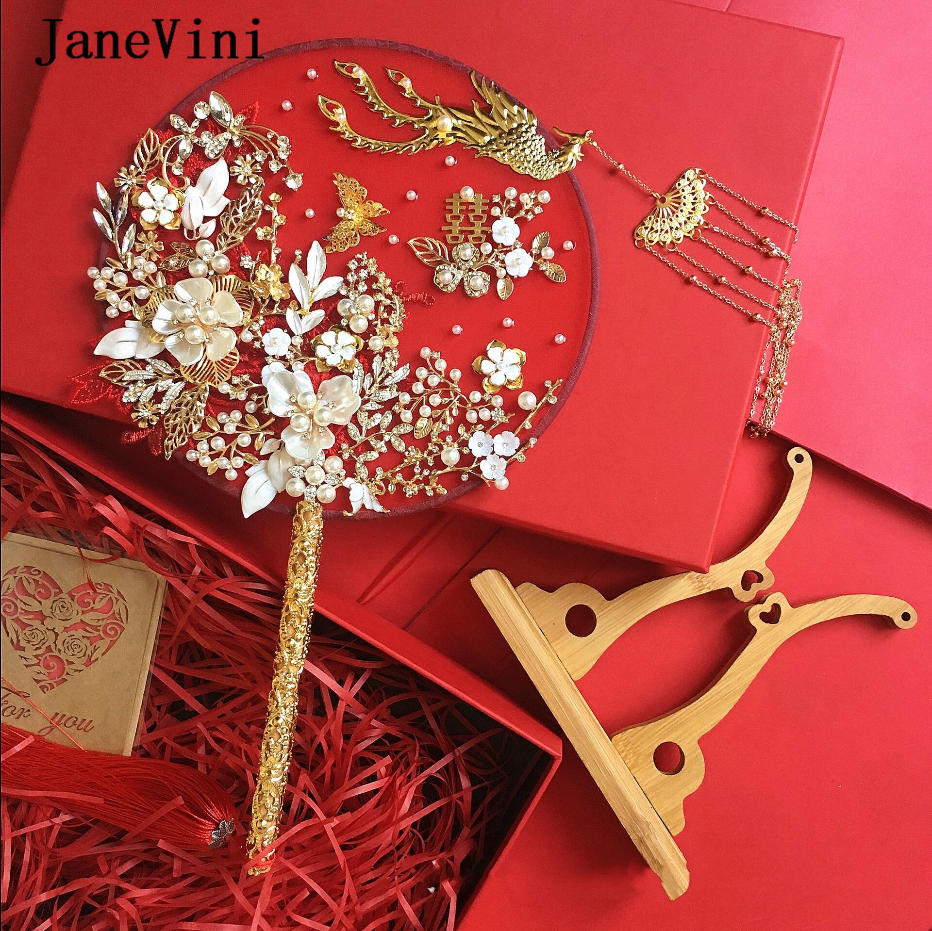 JaneVini, abanico Chino de novia de lujo, ramo de bodas con perlas, Fénix Dorado, flores hechas a mano, ramo de novia, accesorios de joyería