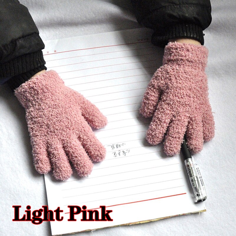 Winter Warm Plus Velvet Thick Gloves Cute Winter Kids Gloves Coral Fleece Children Plush Full Finger Keep Warm Solid Gloves: Pink