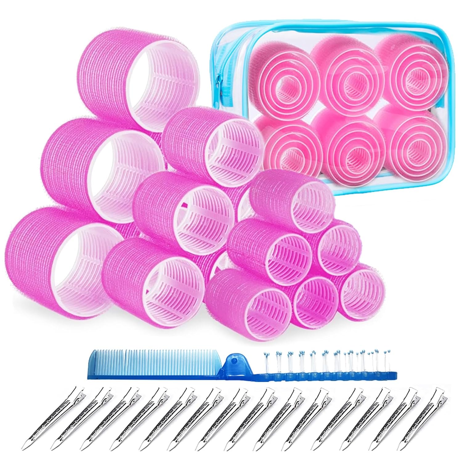 Rulos de velcro autosujeción para juego de cabello, 37 Uds., 3 tamaños (2,5/3,6/5,0 cm), rizadores de pelo sin calor con Clips, embalaje de viaje: Rosa