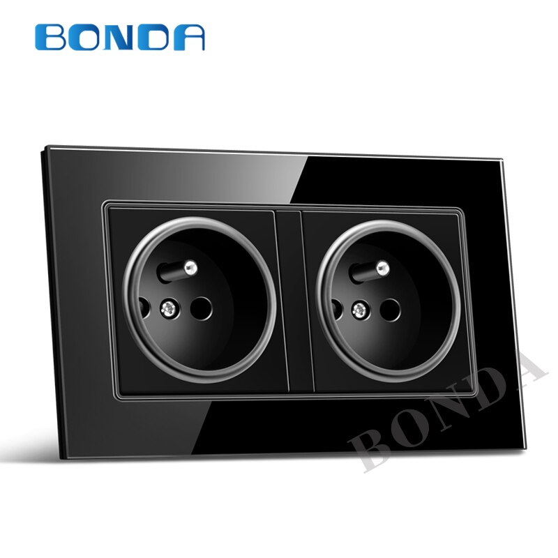 Wall socket outlet standard European tempered glass / plastic panel socket French round 2 hole socket with cylinder AC220-250: French black glass