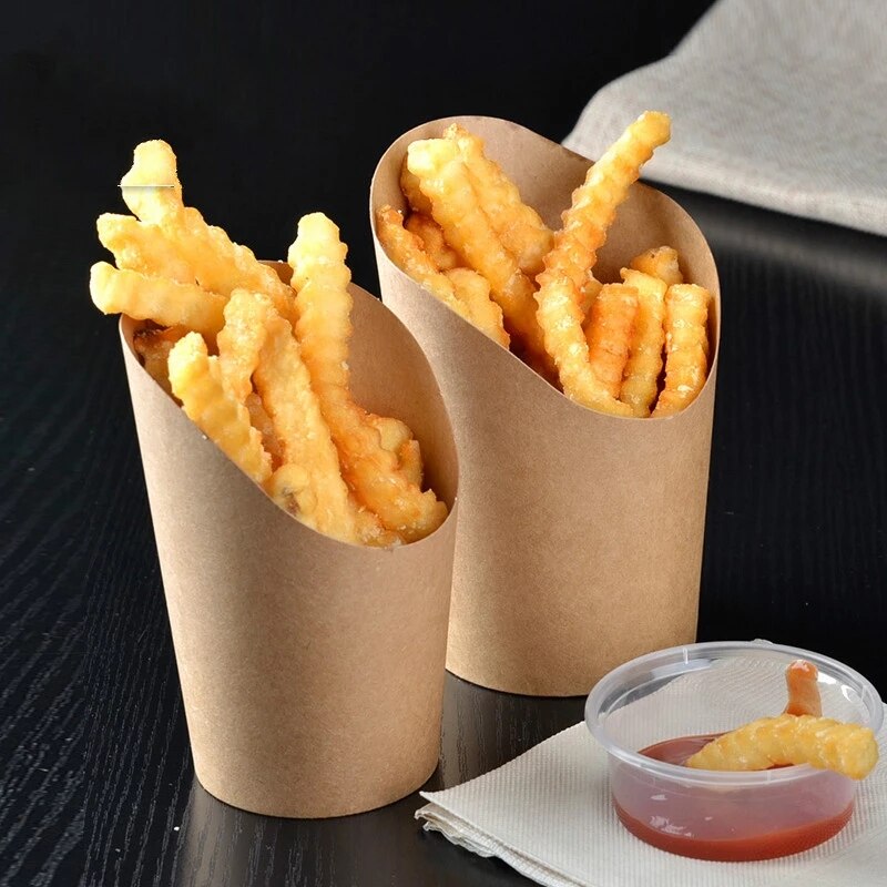100pcs Disposable Buffet Presentation Tray French Fries Cup Containers Kraft Catering Food Snack Packing Boxes Bags