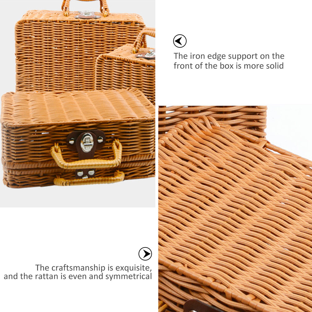 Retro Handwoven Rechthoekige Rieten Handtas, Simulatie Rotan Geweven Koffer Vintage Koffer Opbergdoos Picknick Opbergdoos