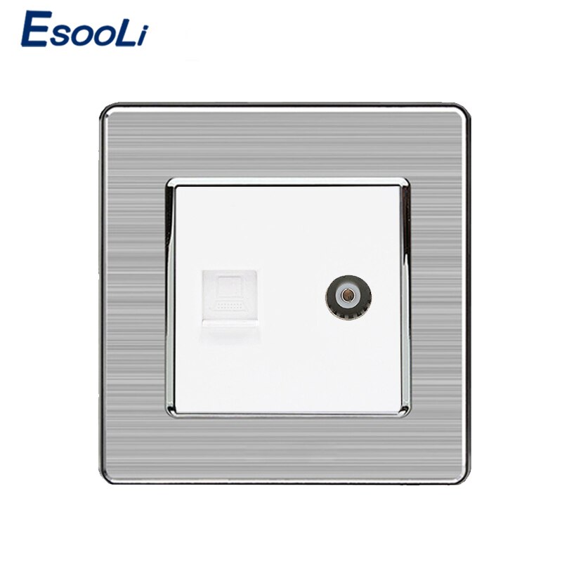 Esooli 2 Gang RJ45 Internet Data Computer Jack CAT5E Connector With Female TV Outlet Stainless Steel Brushed Panel Wall Socket: White