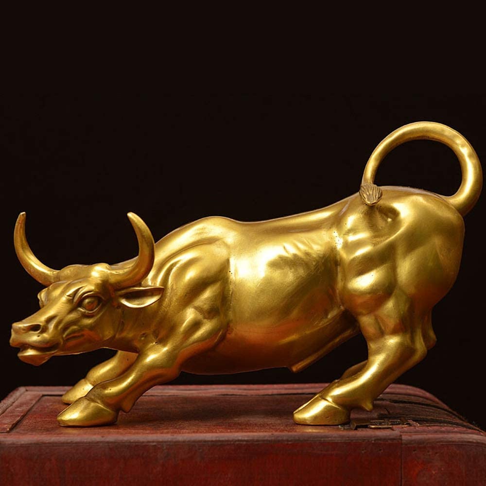 Feng Shui Fortune Brass Wall Street Bull Statue, Sculpture Home Decoration Golden Copper Bull Represents Good Luck of Career and