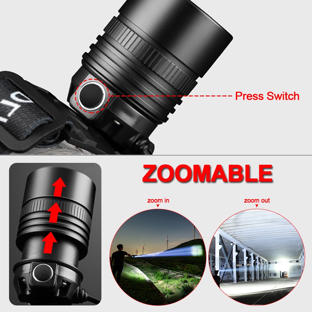 Super Krachtige Koplamp USB Oplaadbare Koplamp XHP70 XHP50 LED Head Light Zoomable Head Lamp Waterdicht Hoofd Front Light