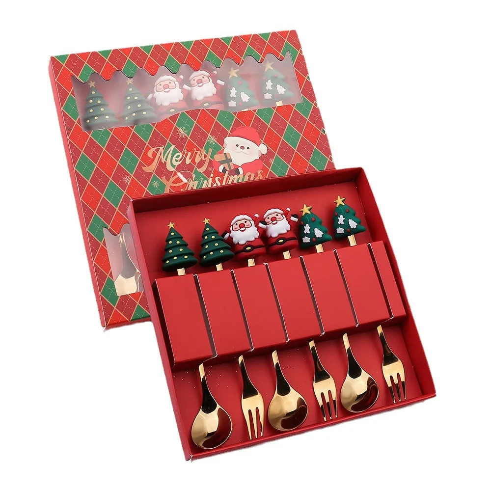 4 stks/set Kerstcadeau Goud Zilveren Lepel Vork Set Elanden Kerstboom Decoratie Dessert Scoop Fruit Vork Koffielepel Bestek