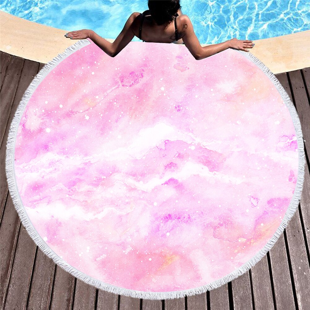 Serviette de plage ronde en microfibre pour adultes, motif de marbre coloré imprimé en 3D, tapis de Yoga avec pampilles, été, 150cm, T609: 14