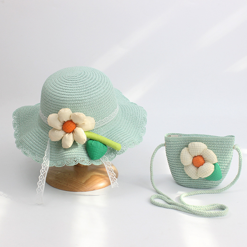 2024 neue Sommer Mädchen Strohhut Set Handtasche neue Blume Sonnenhut Strohhut Sonnenhut Kinder Mädchen Baby Strohhut Sombrero Sunset: Kakifarbig