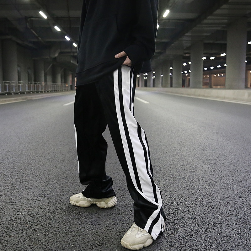 Męskie dno zamek błyskawiczny aksamitne spodnie szerokie nogawki boczne łączone paski proste spodnie luźne dorywczo spodnie z elastyczną gumką w pasie hiphopowy sweter
