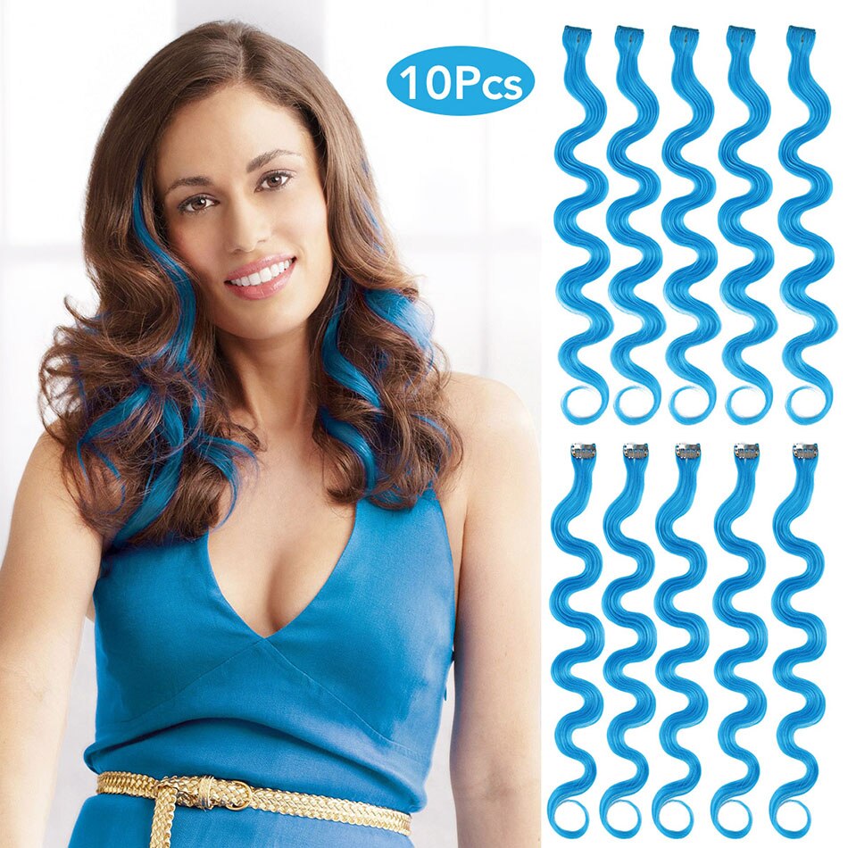 24 Inches Gekleurde Hair Extensions Body Wave 10 Stuks/set Hoge Temperatuur Fiber Haarstukje Clip In Een Stuk Synthetisch Haar: Sky Blue