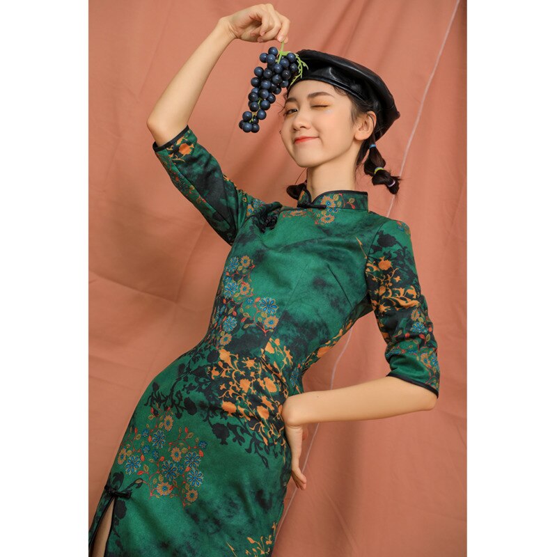 Verde do vintage moda chinesa moderno vestido feminino estilo nacional roupas curto primavera verão novo fino melhorar qipao vestidos da menina
