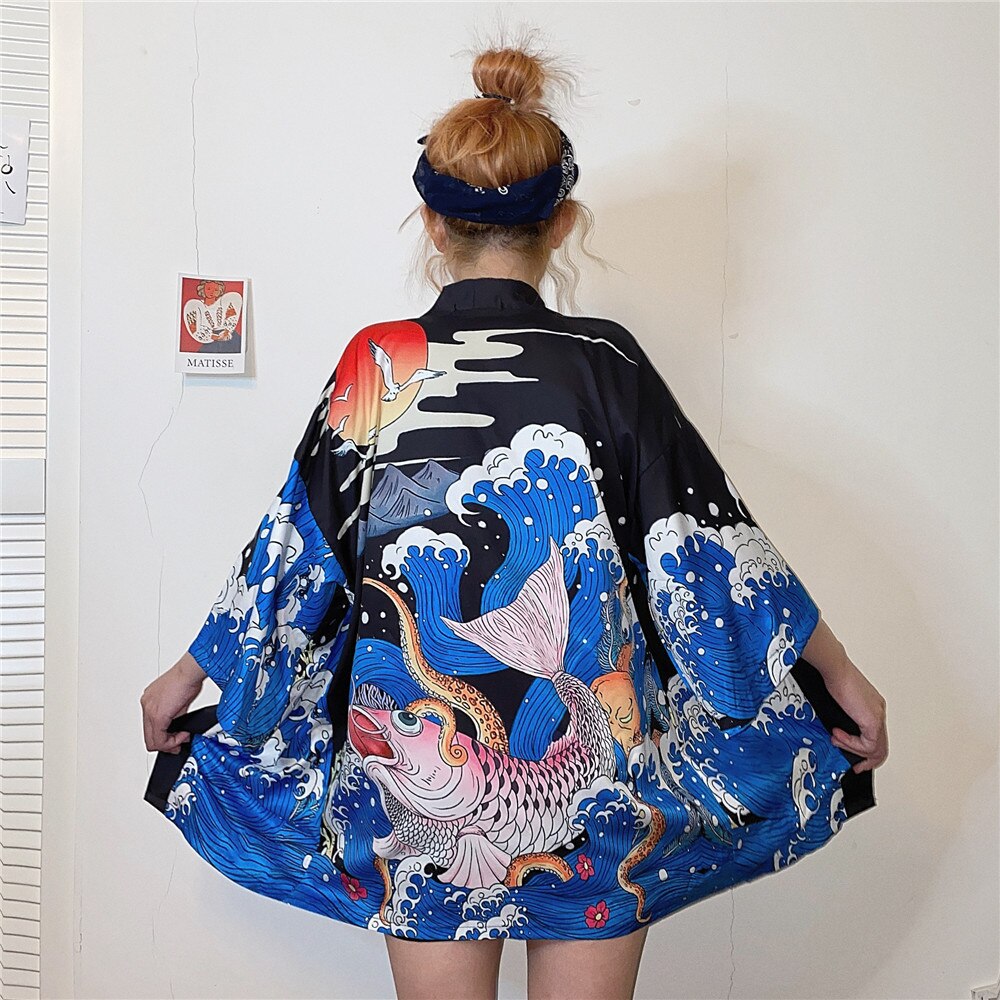 Japanese Yukata Kimono Summer Top Japan Printed Crane Haori Kimono Japones Harajuku Kimono Boho Yukata Women: style 15