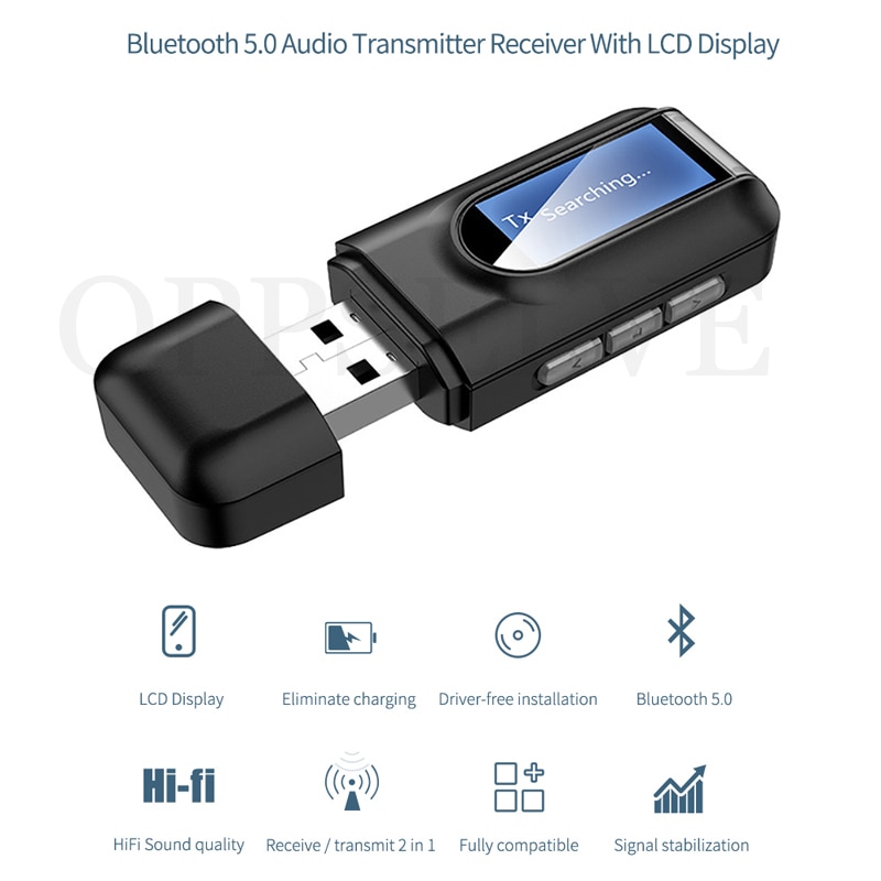 2in1 Bluetooth USB 5.0 Receiver Transmitter LCD Display 3.5MM AUX RCA Stereo Wireless Adapter Dongle For PC TV Car Headphones