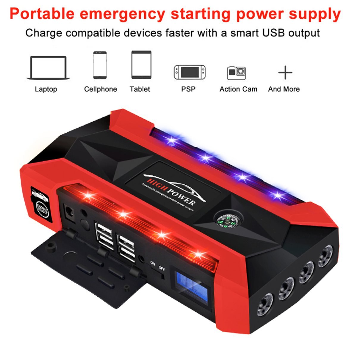 600a 68800 mah 12v 4 usb bil jump starter power bank genopladeligt batteri nødstrøm multifunktion sos lommelygte