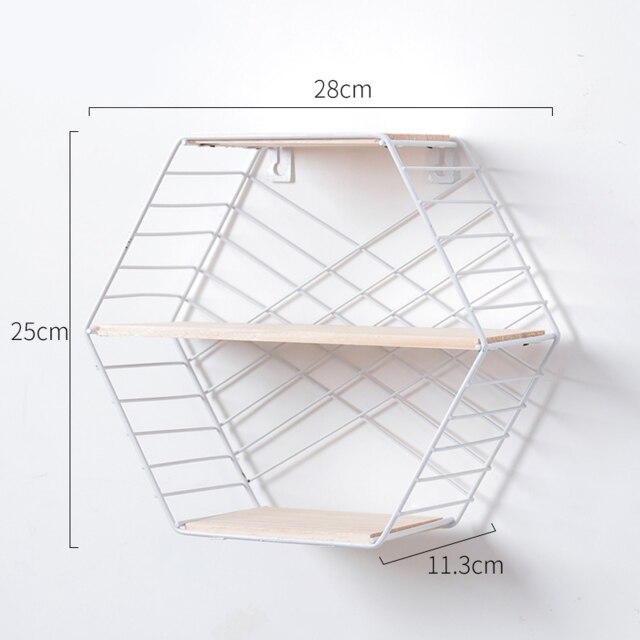 Grid Wall Mounted Hanging Home Bedroom Display Hook Flower stand Shelf Hexagonal 3 layers Iron Rack Organizer Art: A Type  White