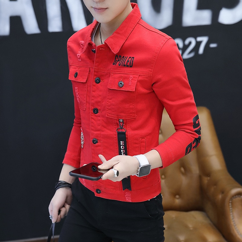 Veste d'automne pour homme, vêtement de rue bleu clair, en Denim, avec impression de l'alphabet, poches en Patchwork, en coton, manteaux décontractés