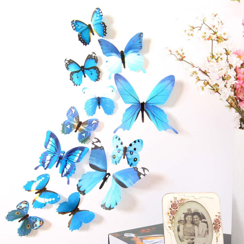 12 Pcs 3D Muurstickers Hollow Vlinder Voor Kinderen Kamers Thuis Wall Decor Diy Mariposas Koelkast Stickers Kamer Badkamer Decoratie: Blue