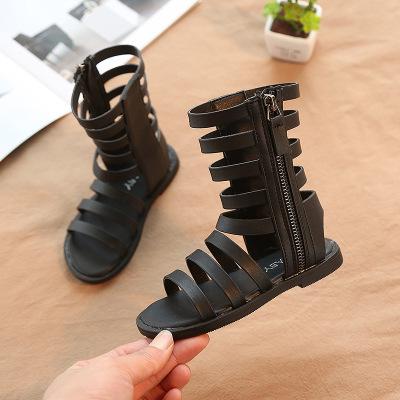 Sandalias romanas de piel sintética para niñas, botas altas con punta abierta, estilo Gladiador, para verano, A599, 2022: Black / 26