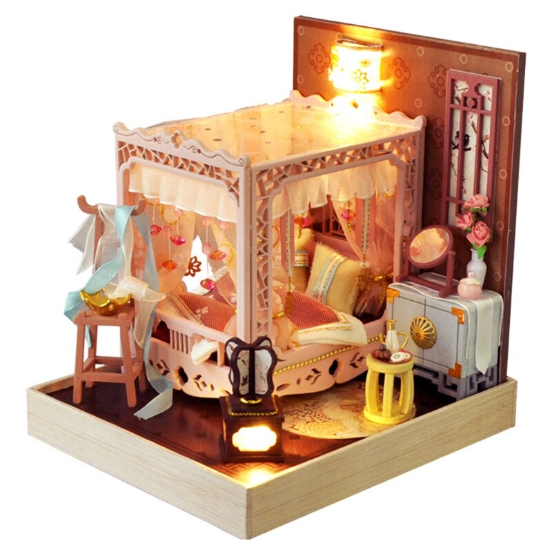 Dockhus miniatyr med möbler, diy hus kit plus dammtät  , 1:24 liten hus byggnad kit ， (kinesiska antika）
