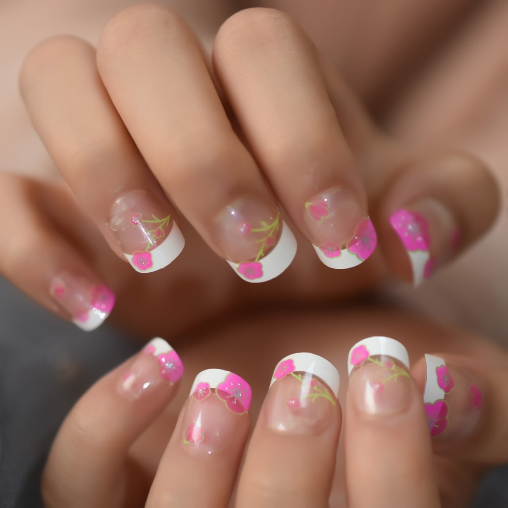 Fleur français ongles Art conseils blanc Transparent enfants faux ongles petite taille étudiant avec fleur décorative