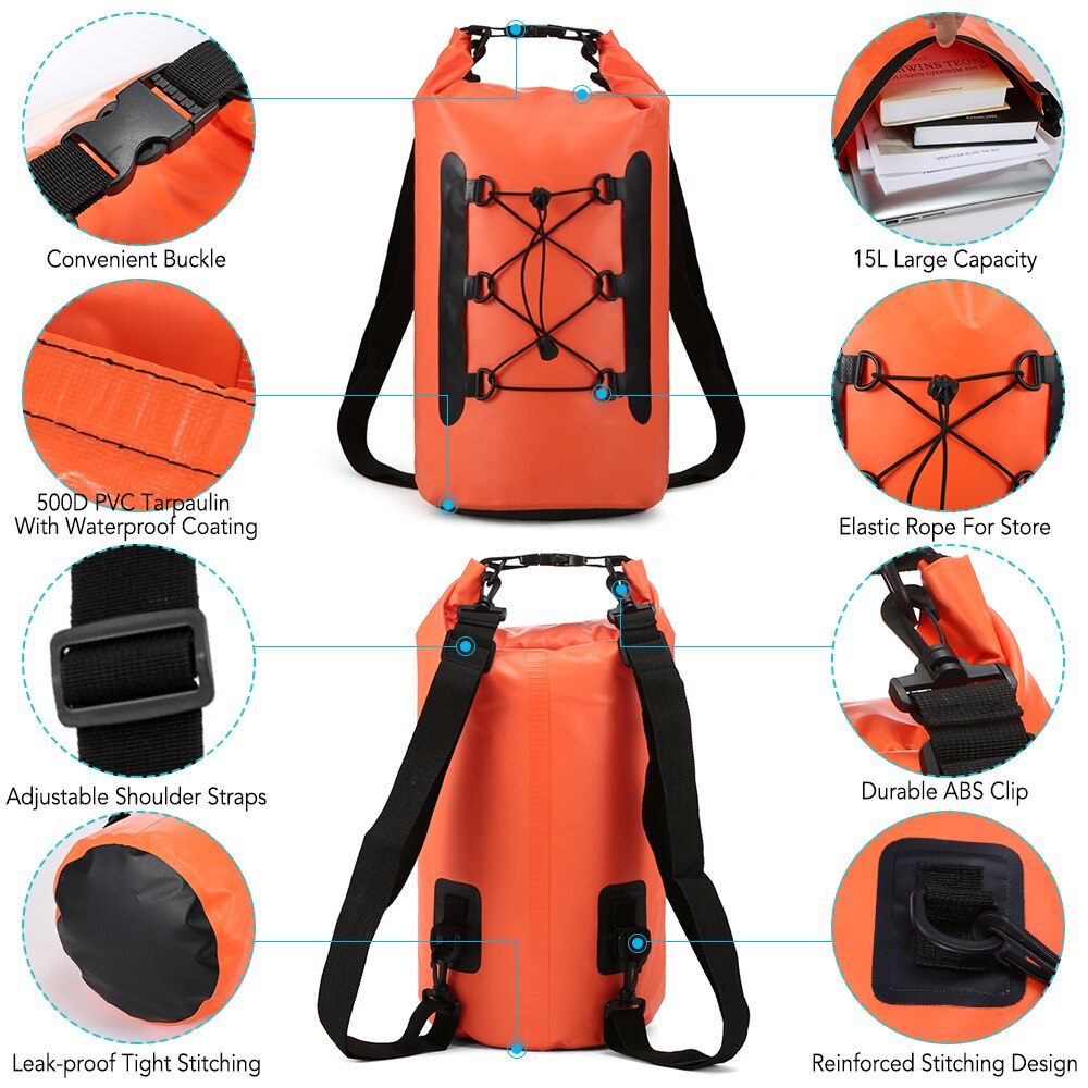 Mochila impermeable de 15L para exteriores, bolsa flotante de agua, Rollo superior, para kayak, Rafting, canotaje, río, Trekking, piscina