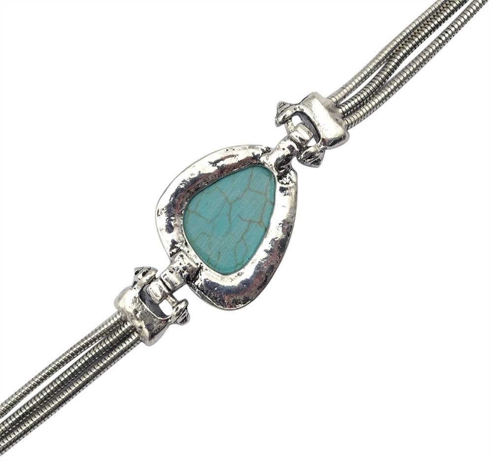 Tibetan Metal silvecolor Turquoises Bracelets Bangles Women Men Jewelry Bohemian Snake Chain Green Stone Flower Big Bracelet Arm