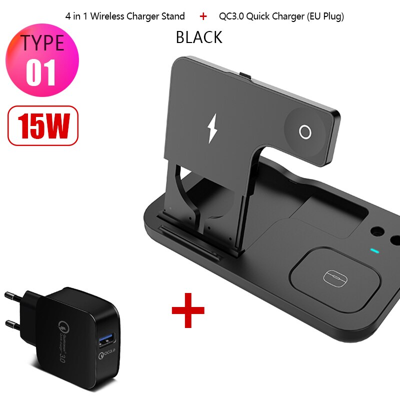 4in1 15W Wireless Charger Fold Stand for Apple Watch 5 4 3 2 iPhone 11 Airpods Pro Pencil Multifunction Wireless Charging Holder: Type1 15W Black Q3.0