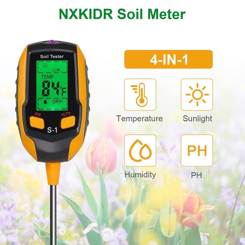 Soil PH Meter, 4 in 1 Soil Tester Moisture, Digital Plant Moisture Meter with PH/Temperature/Light, Soil Moisture Meter