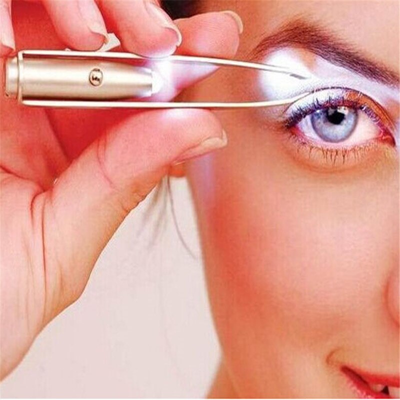 Eyebrow Tweezers Beauty Slanted Stainless Steel Tweezer LED Light Eyebrow Clip Eyelash Make Up Tool Send Battery