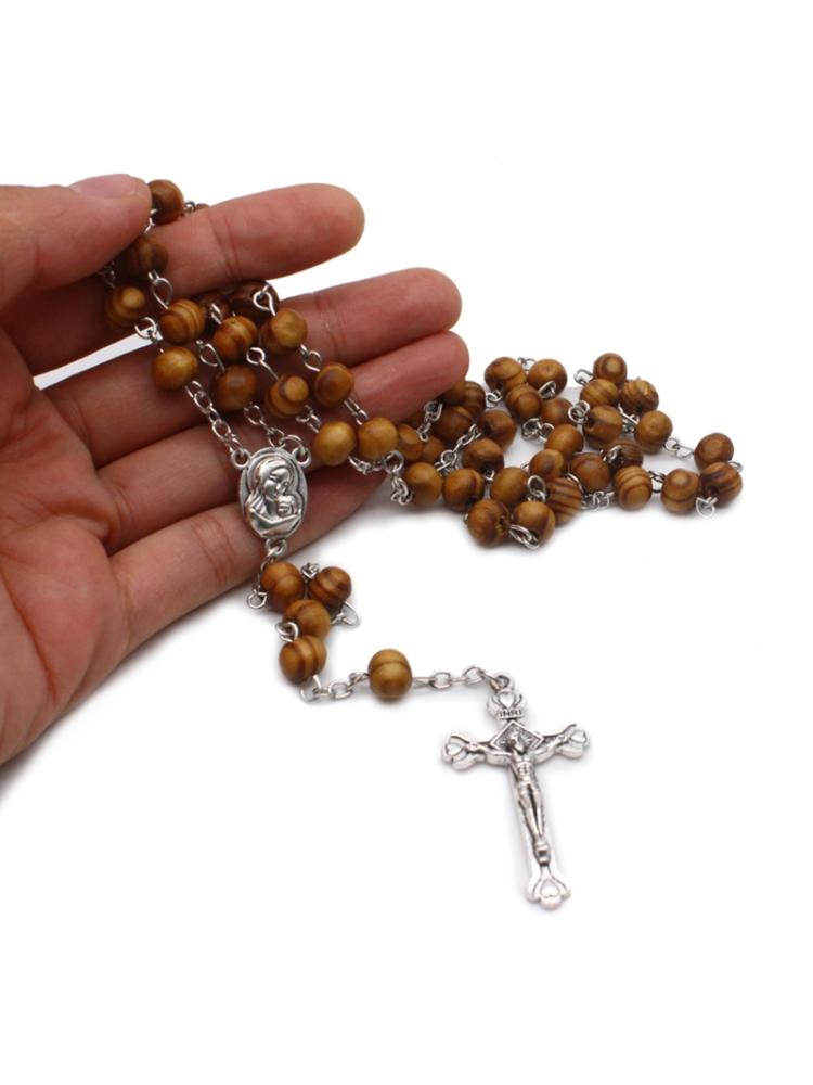 Retro træ rosenkrans perler halskæde til kvinder kryds jesus vedhæng religiøs