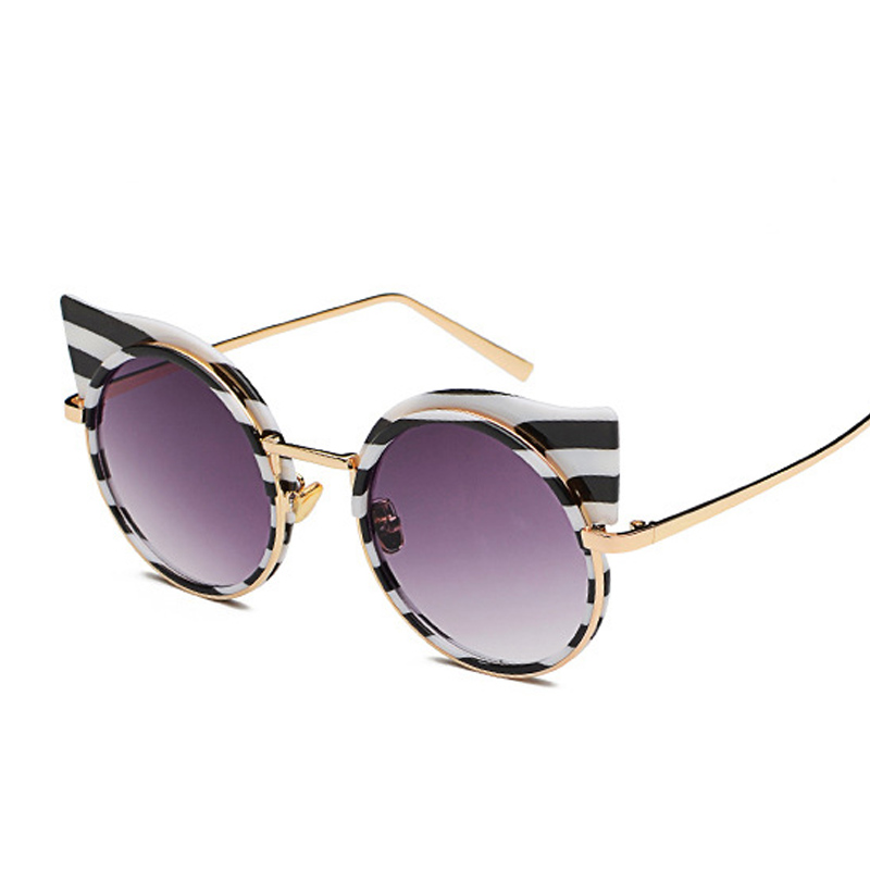 Emosnia Stripe Cat eye Sunglass Round Brands Sunglasses Women Zebra Metal Frame Vintage Oculos De Sol