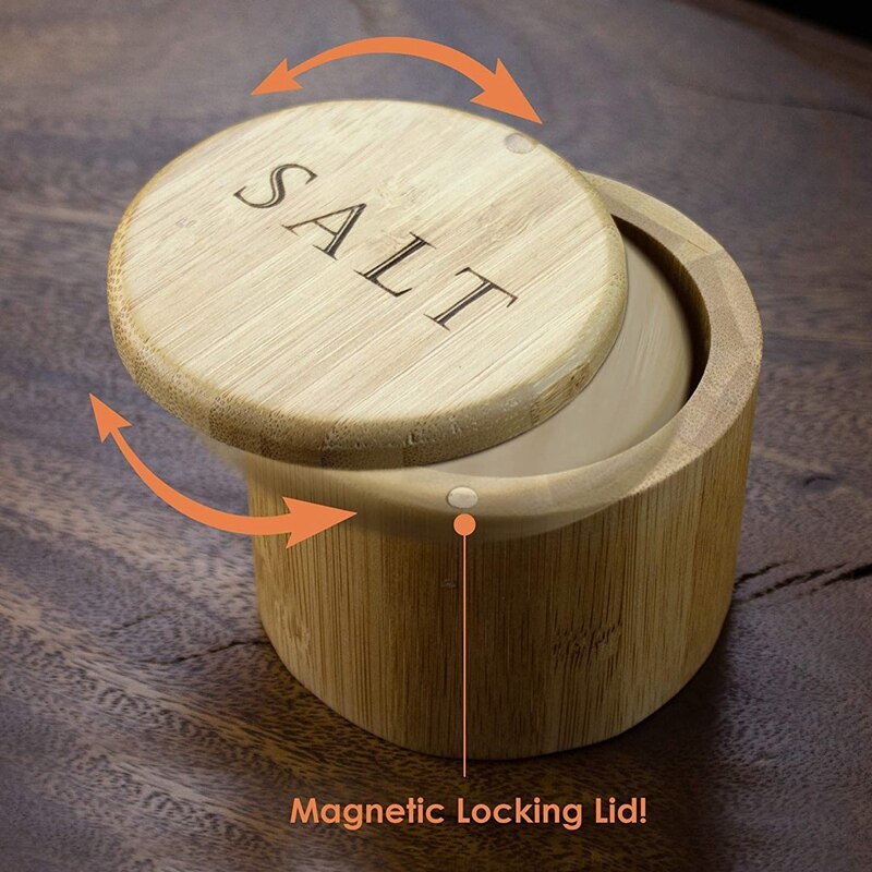 Salt Box Bamboo Storage Box with Magnetic Swivel Lid "Salt" Engraved on Lid Salt Storage Box for Keeping Table Salt