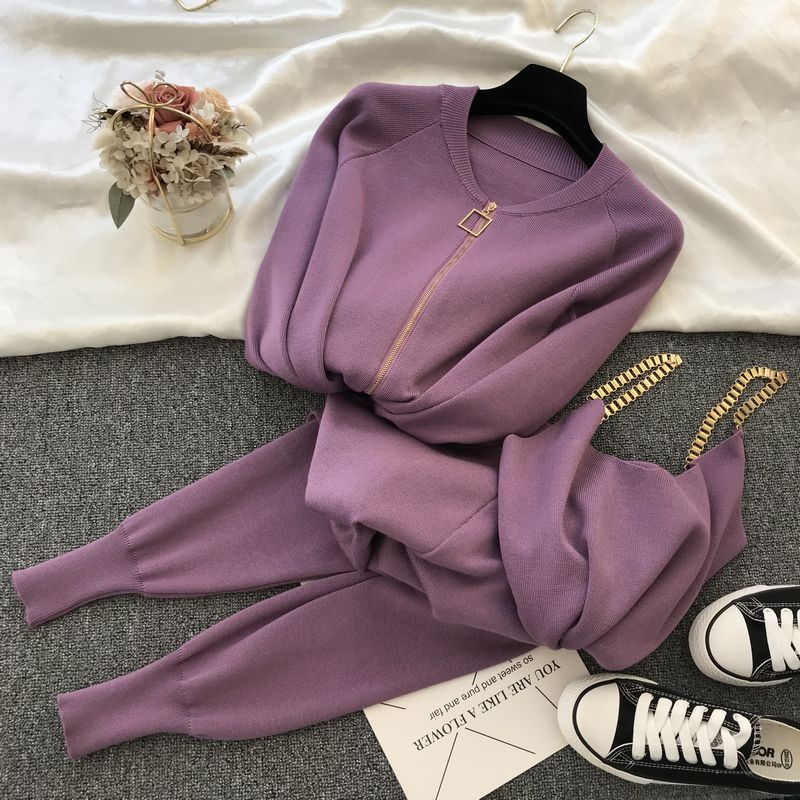 Amolapha Women Autumn Winter Knitted Vest Zipper Cardigans Pants 3pcs Sets Tracksuits Outfits: Purple 