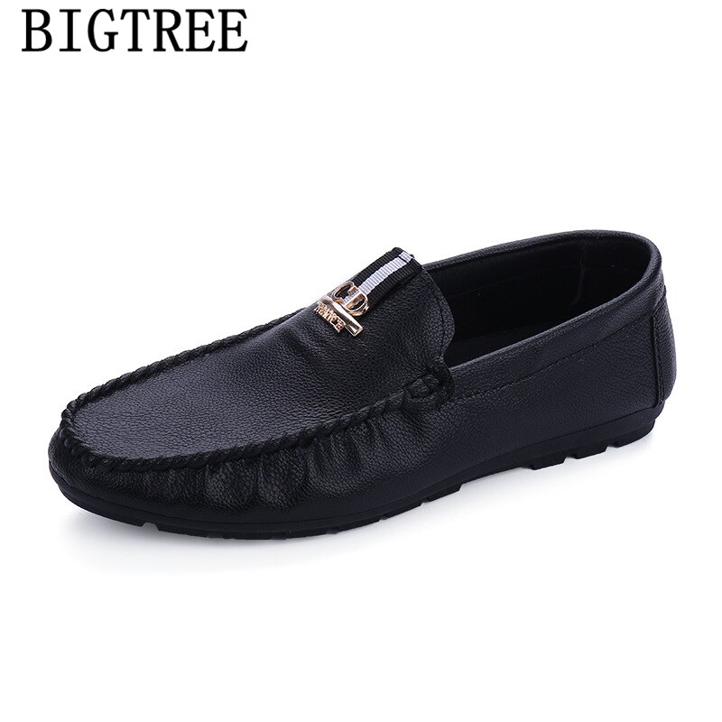 Hvite herre loafers skinn slip-on sko menn svarte kjøresko zapatos hombre casual cuero soulier homme cuir sapato: Svart / 7.5