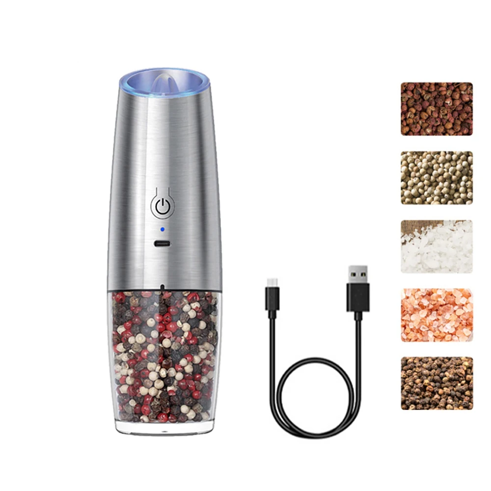 1/2Pcs Electric Pepper Grinder Salt And Pepper Grinder USB Rechargeable Adjustable Coarseness Spice Mill LED Light And bracket: light yellow