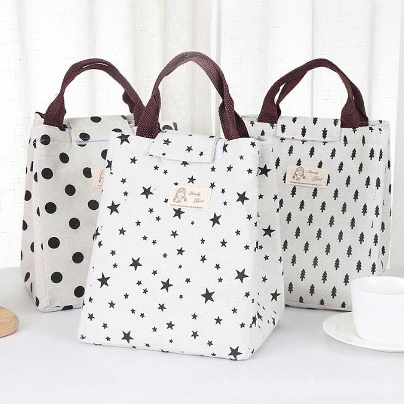 Waterproof Leisure Bag Cooler Lunch Bags Black Dot Pattern Hook Loop Opener Tote kids Warm Keeper Insulation Picnic Lunch Box