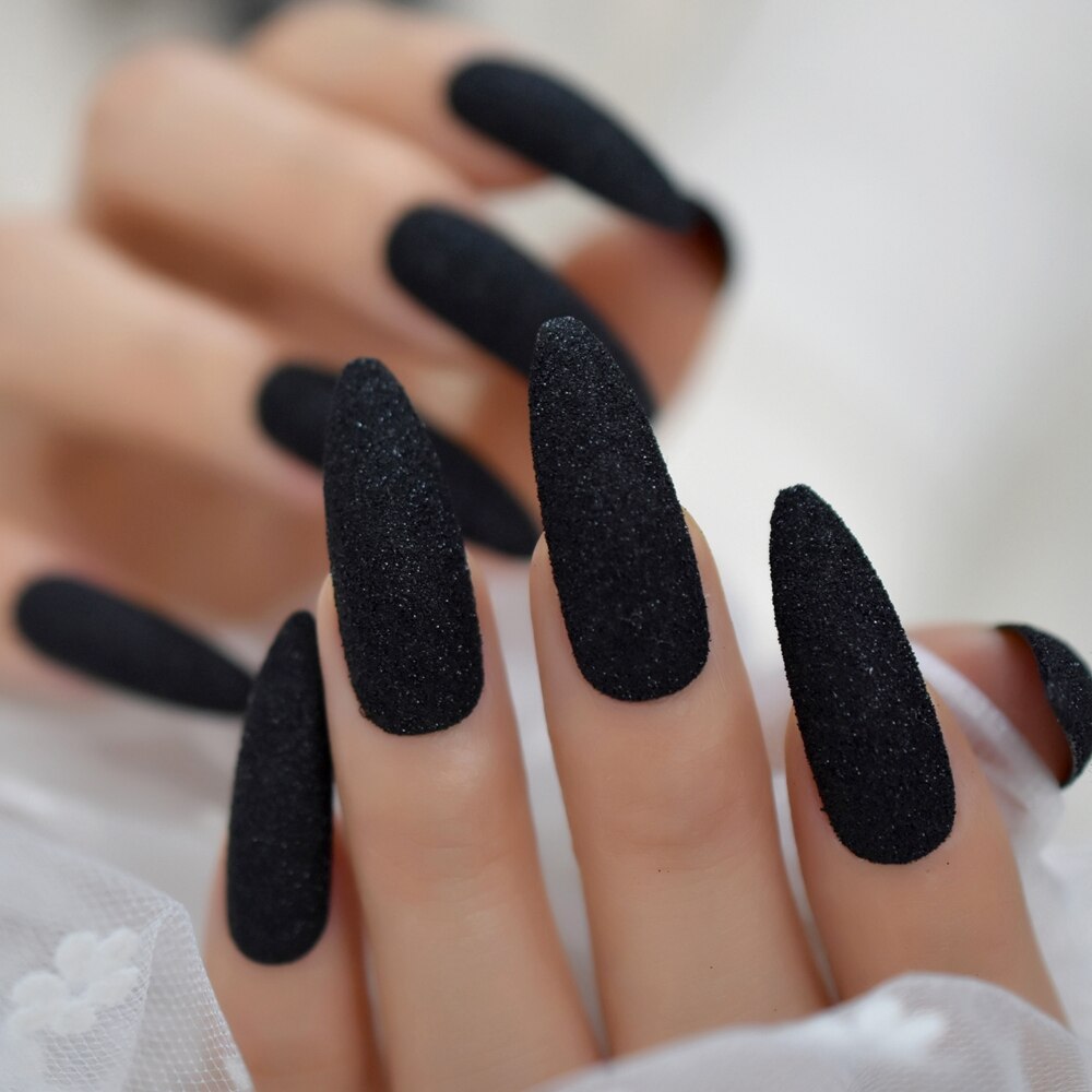 Black Glitter Shimmer False Nails Extra Long Pointed Ladies Faux Ongles Party Beautiful Decorated 24