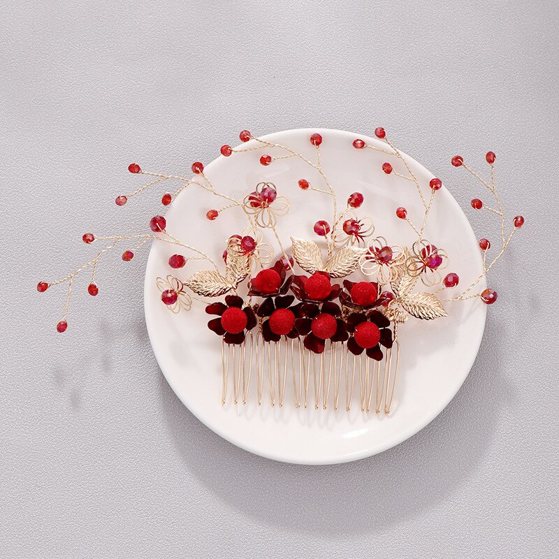 FORSEVEN Bride Noiva Wedding Party Women Girl Red Flower Tiaras Crowns Headband Hair Combs Hairpins Earrings Jewelry Sets